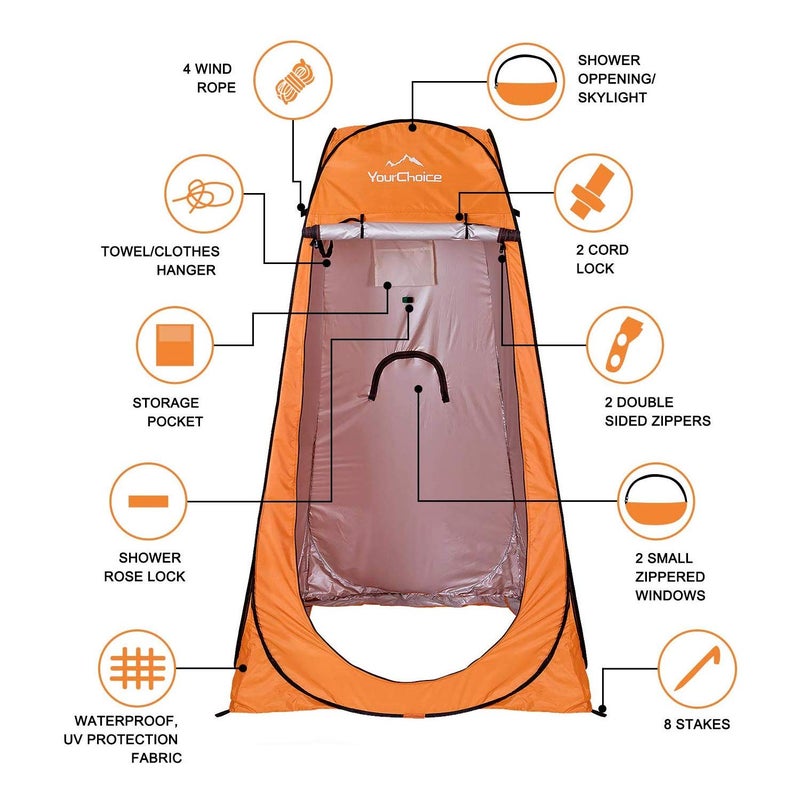 Your Choice Pop Up Privacy Shower Tent - Portable Changing Tent for Camping, Beach & Hiking - 6.2FT Lightweight with Carry Bag, Quick Setup & Full Coverage - Orange - Image 3